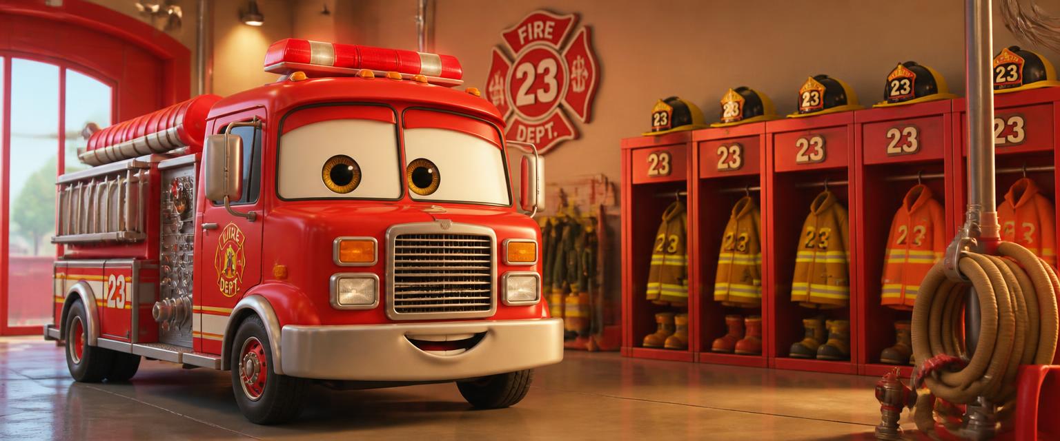 La caserne des pompiers de Luna en 3D avec le camion rouge